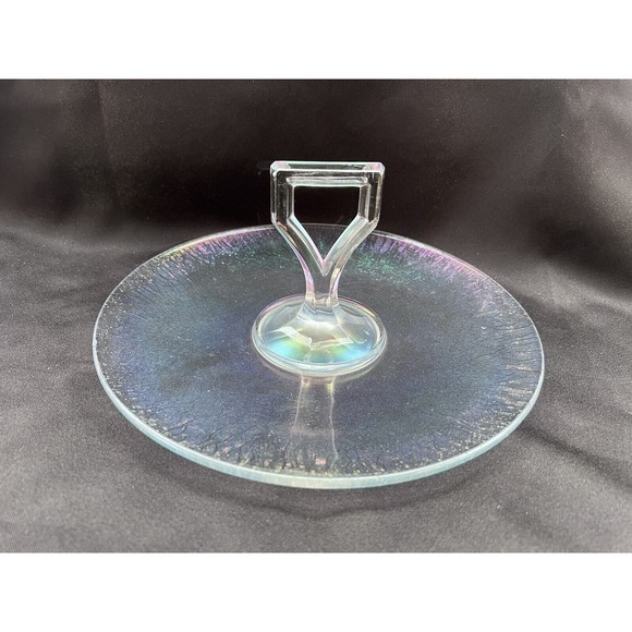 Vintage Clear Iridescent Depression Glass Center Handled Tid Bit Tray - Picture 13 of 14